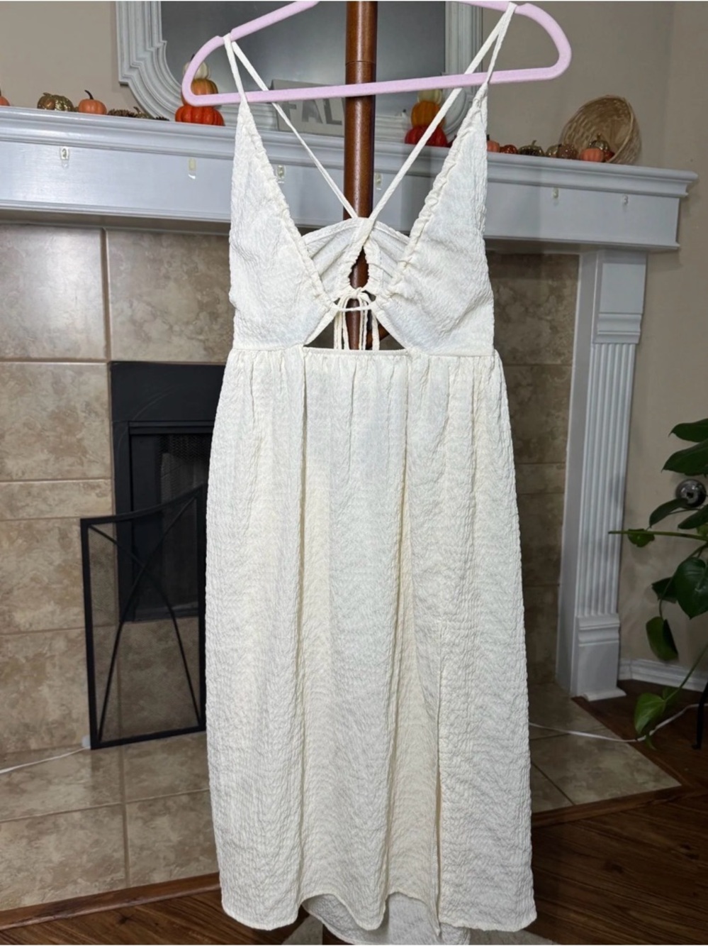 Cream Textured Midi Dress with Adjustable Tie-Back